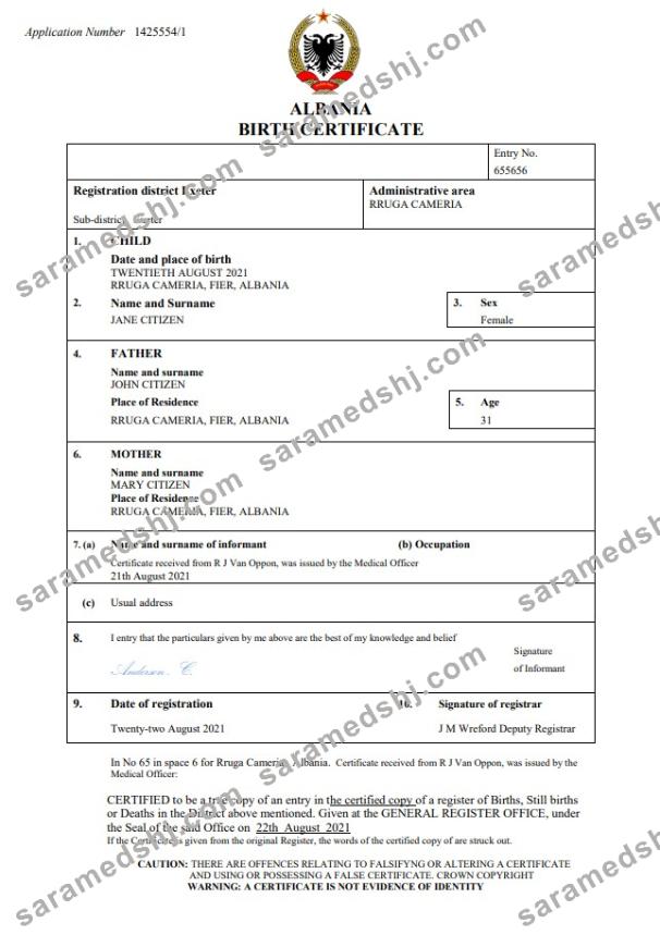 Albania birth certificate Word and PDF